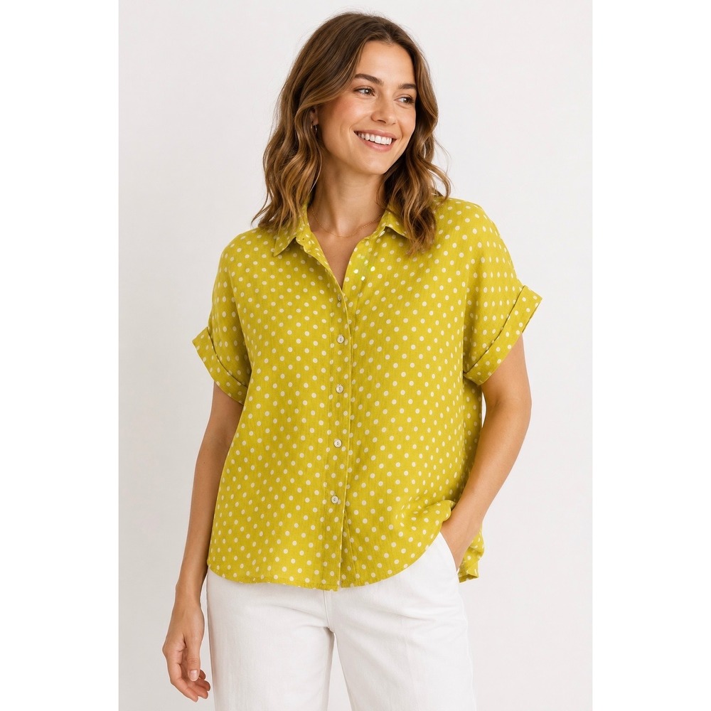 Rachel Roy Linen Button Shirt Womens M Yellow Polka Dot Short Sleeve Oversized